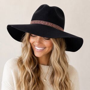American Eagle Outfitters Black Wool Wide Brim Fedora Hat Embroidered Band OS
